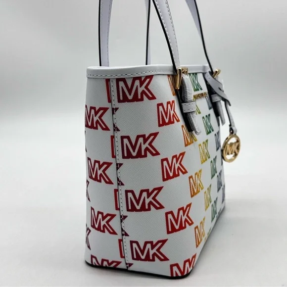 Michael Kors Jet Set Travel Extra-Small Top Zip Tote Bag Rainbow Optic White - Picture 3 of 11